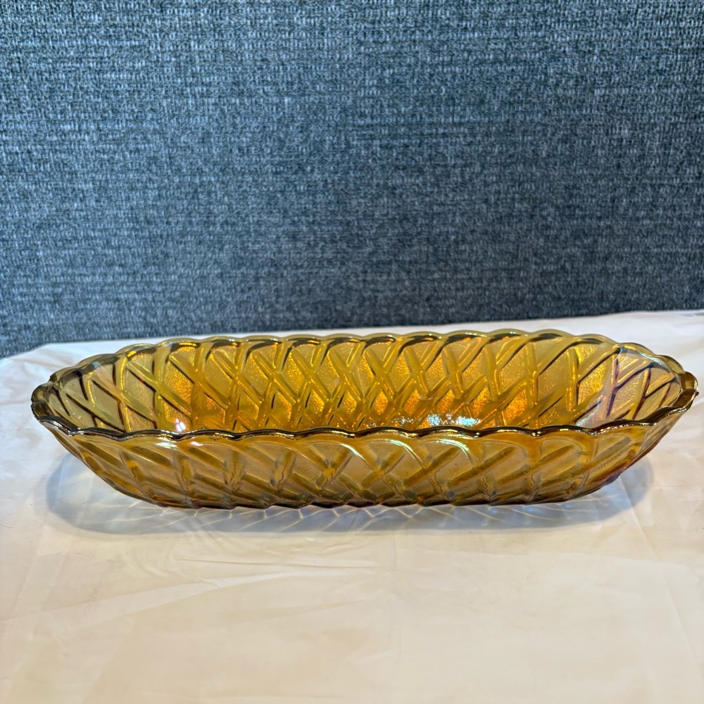 Vintage Marigold Carnival Glass Relish Dish Basketweave Indiana Glass Iridescent